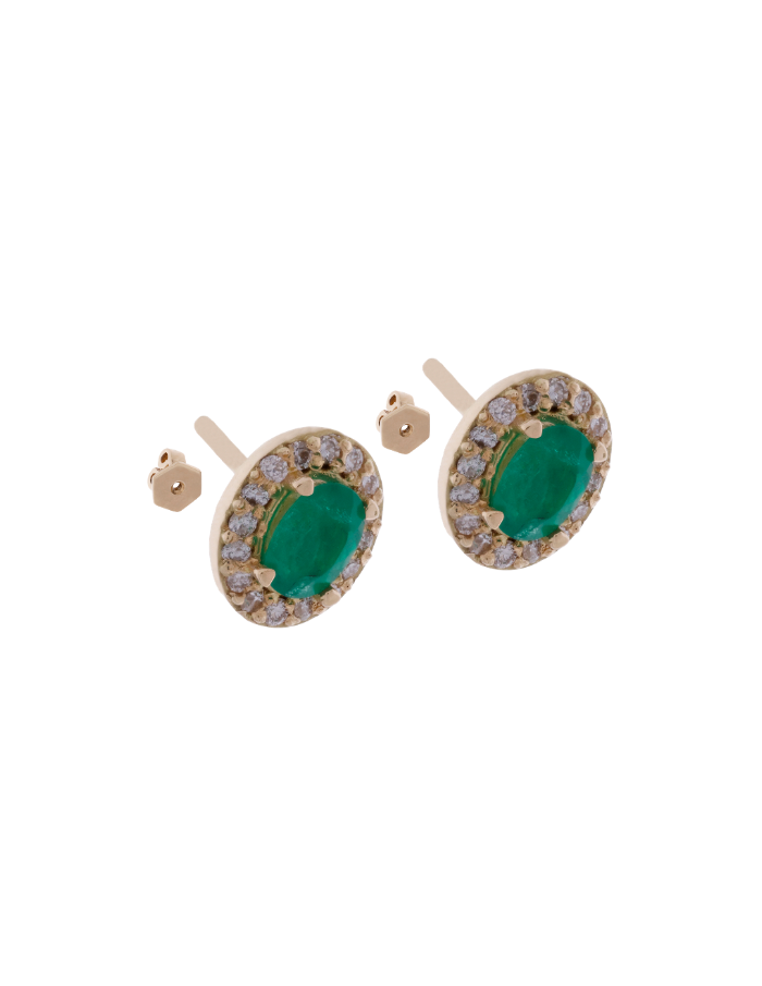 PAR DE ARETAS  ESMERALDAS OVALADAS HALO DIAMANTES