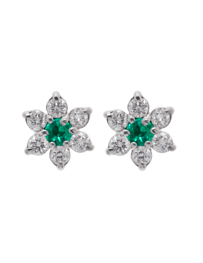 PAR DE FLOR ESMERALDA Y DIAMANTES 6 PÉTALOS