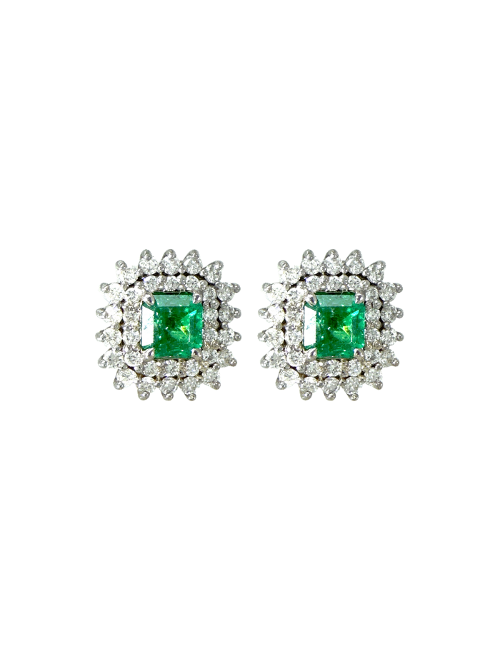 PAR DE ARETAS ESMERALDAS CUADRADAS DOBLE CLUSTER DIAMANTES OB