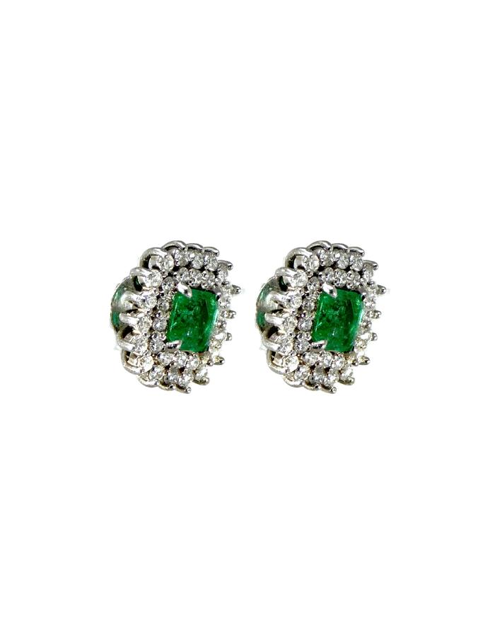 PAR DE ARETAS ESMERALDAS CUADRADAS DOBLE CLUSTER DIAMANTES OB