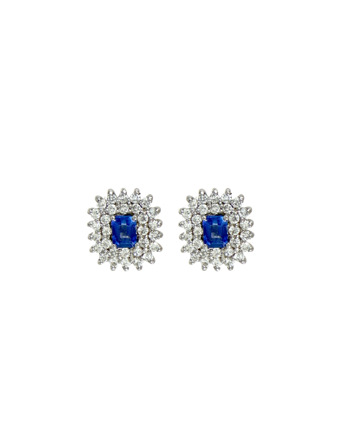 PAR DE ARETAS ZAFIROS  DOBLE CLUSTER DIAMANTES