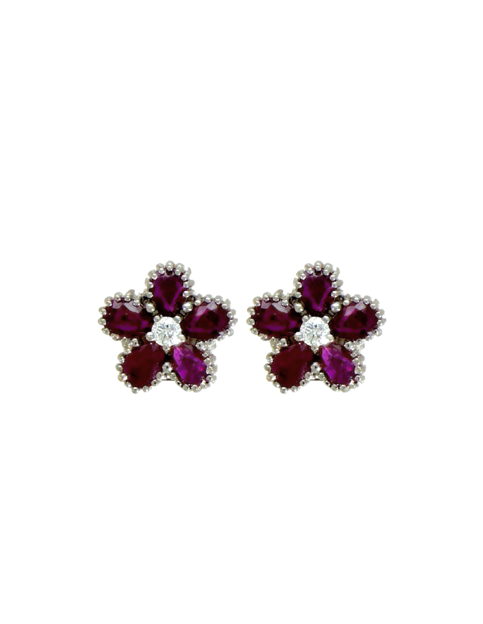 PAR DE ARETAS FLORES RUBí CON DIAMANTES