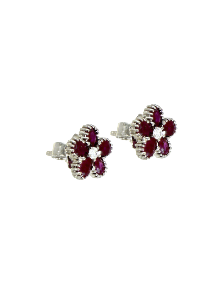 PAR DE ARETAS FLORES RUBí CON DIAMANTES