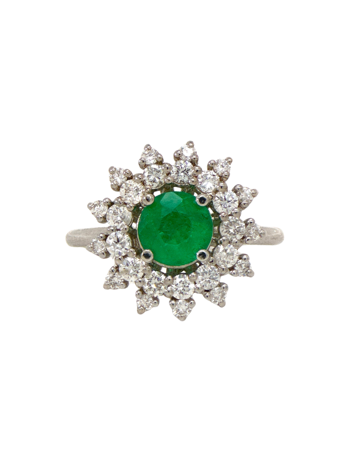 ANILLO FLOR ESMERALDA REDONDA DOBLE CLUSTER DIAMANTES