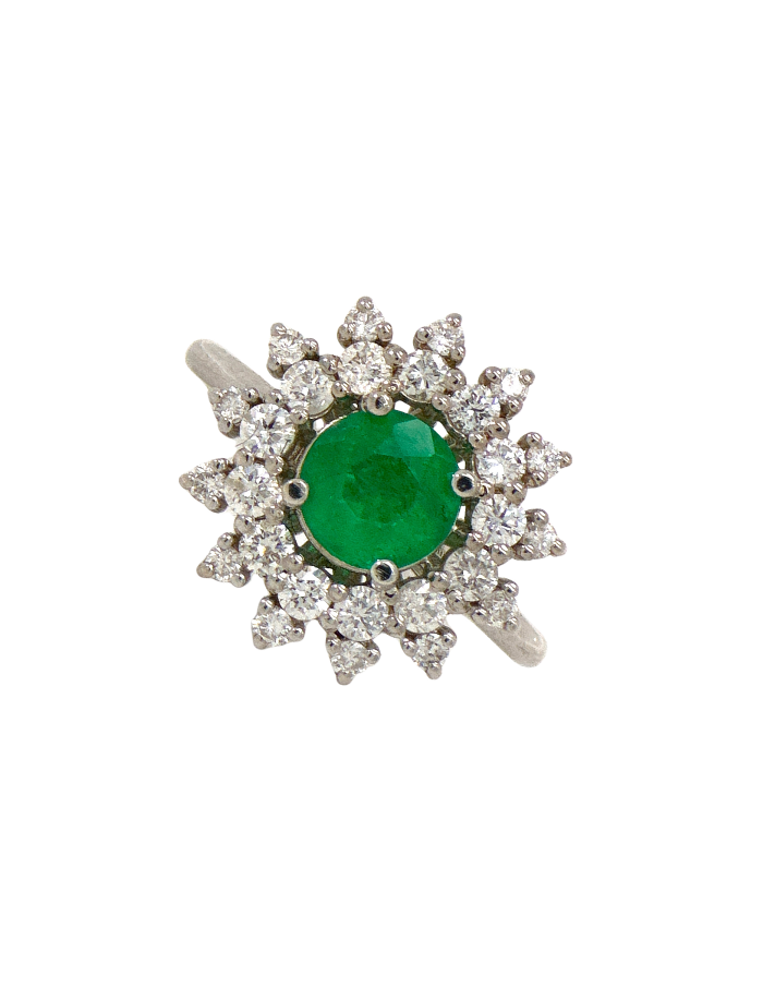 ANILLO FLOR ESMERALDA REDONDA DOBLE CLUSTER DIAMANTES