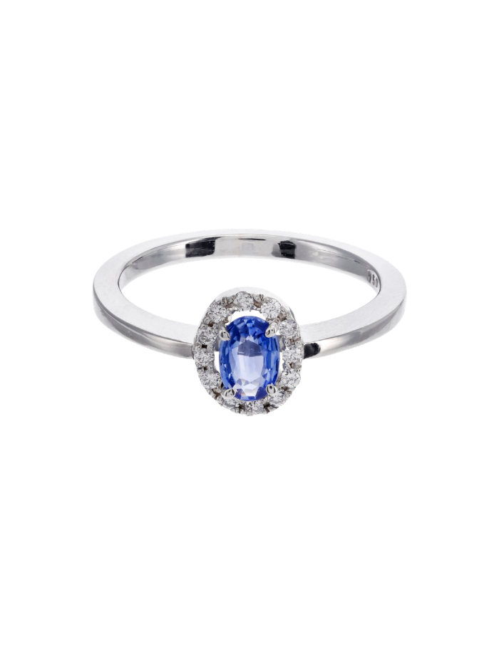 ANILLO ZAFIRO OVALADO Y HALO DIAMANTES