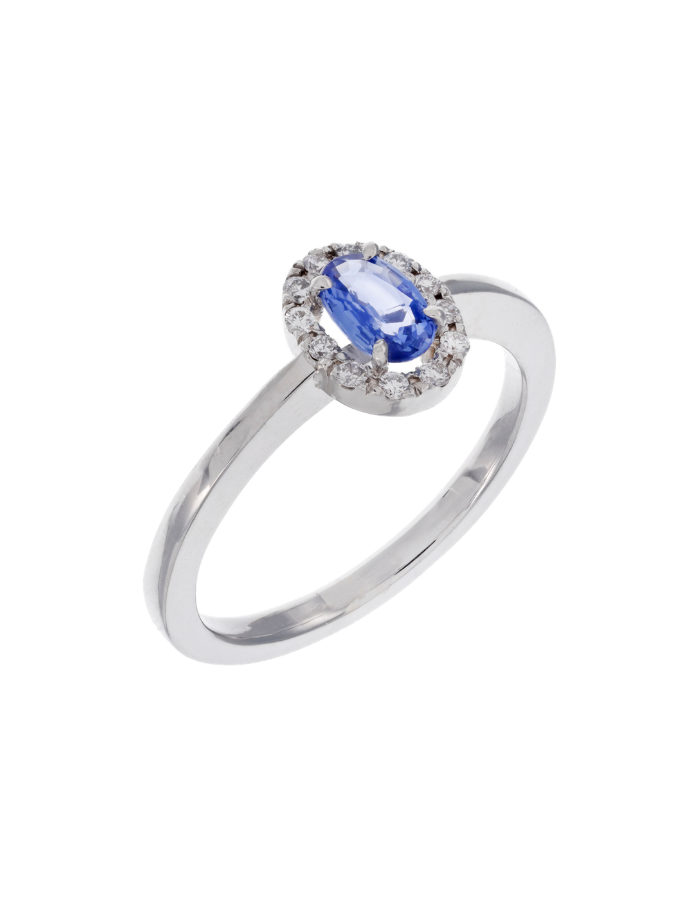 ANILLO ZAFIRO OVALADO Y HALO DIAMANTES