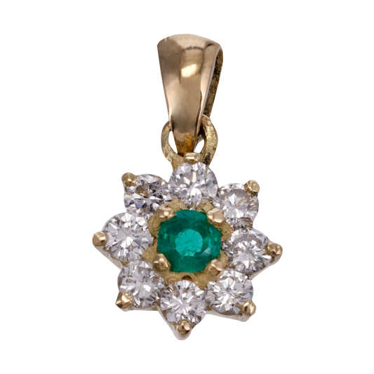 DIJE FLOR ESMERALDA CENTRAL Y DIAMANTES ORO 18K